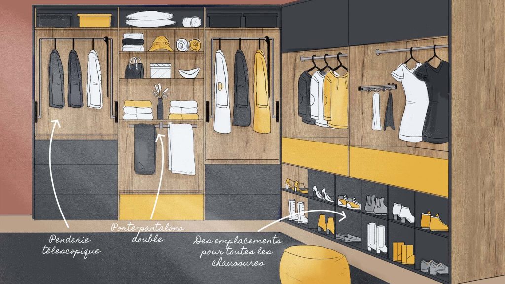 Schéma d'un dressing parfaitement rangé et organisé