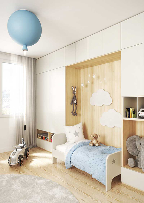 Schéma d'une chambre d'enfant organisée par des placard pour facilité le rangement