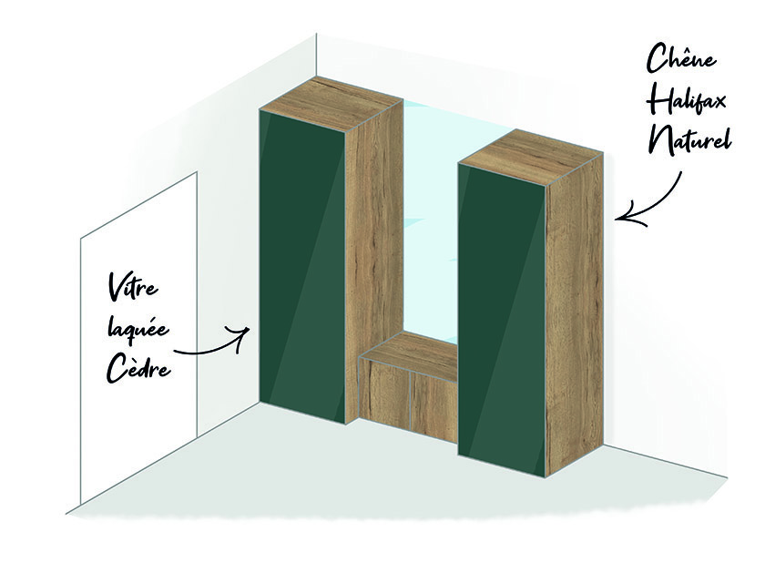 Schéma d'un rangement pour une entrée, en vitre laquée couleur Cèdre et chène Halifax naturel