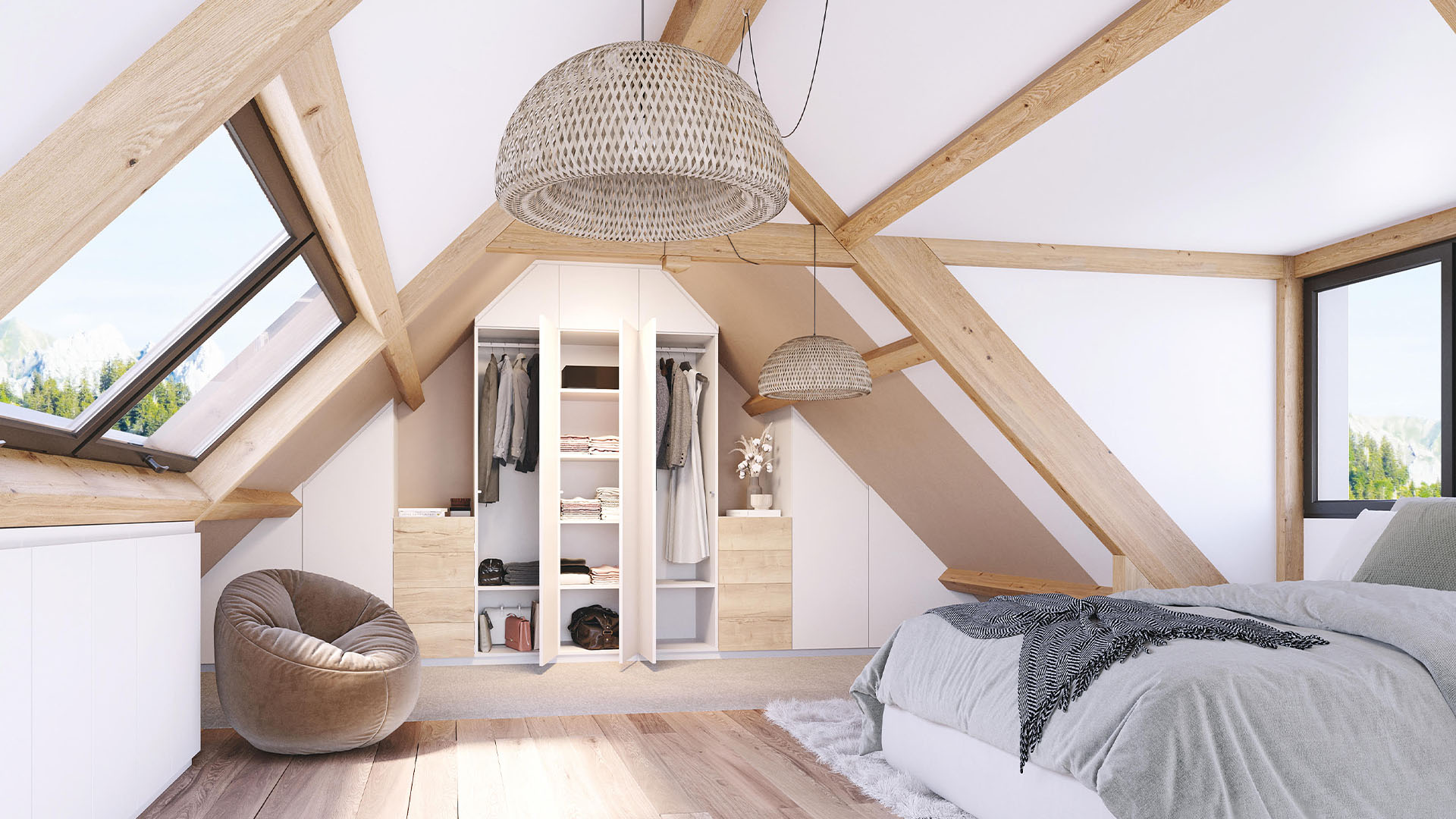 Dressing sur mesure chambre pan coupé – dressing bicolore finition chêne bardolino pour les blocs tiroir