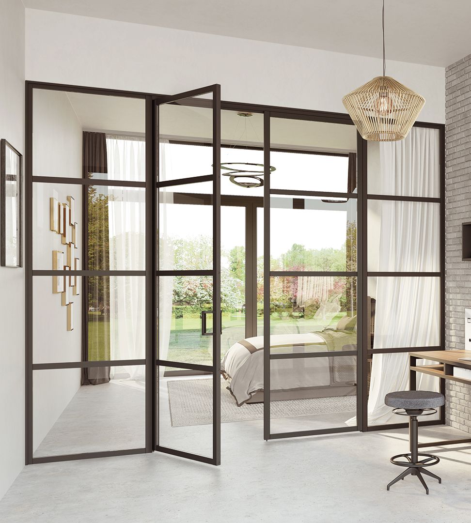 Verrière modèle Authentique Integra, profil L anthracite sablé, vitre feuilletée claire et bloc-porte double