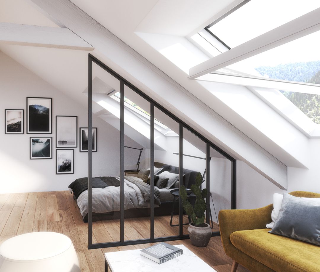 Verrière chambre modèle Integra pan coupé, profil L noir mat, vitre feuilletée claire