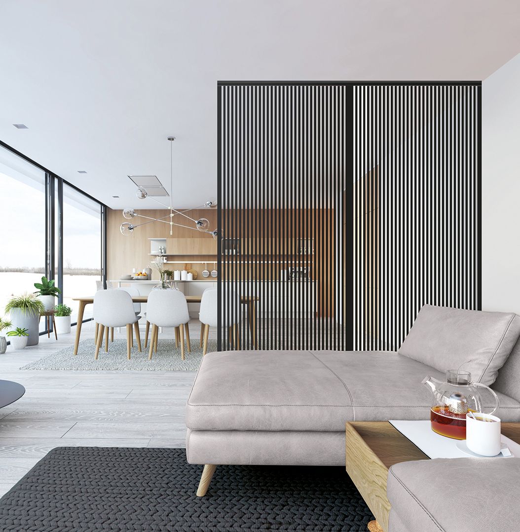 Verrière salon / cuisine modèle Integra, profil L noir mat, verre trempé Harpe noire