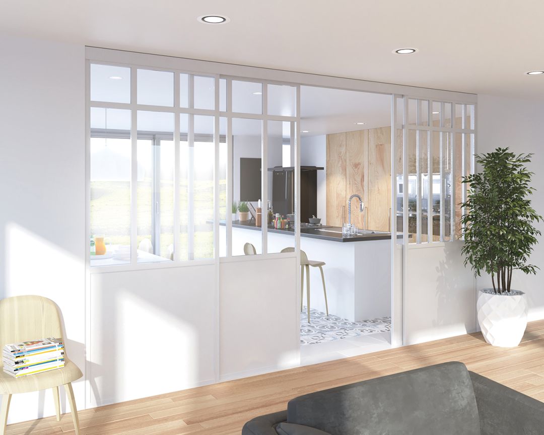 Verrière cuisine modèle Loft Duo, profil blanc mat, vitre feuilletée claire