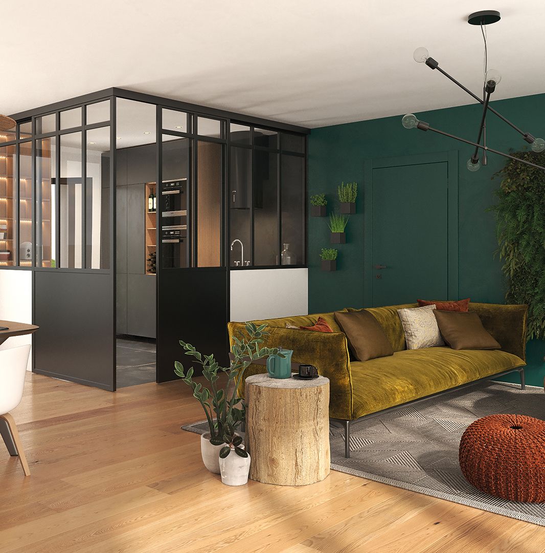 Verrière salon / cuisine modèle Duo Loft Coulissante, Verrière Fixe L sur muret, profil noir mat, vitre feuilletée claire