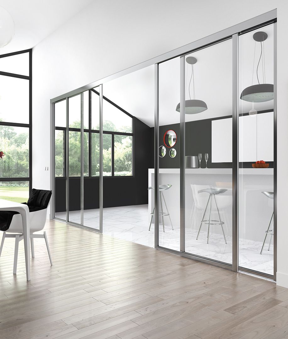 Séparation de pièce cuisine / salle à manger Altitude, profil Rubis argent brillant, Vitre feuilletée claire