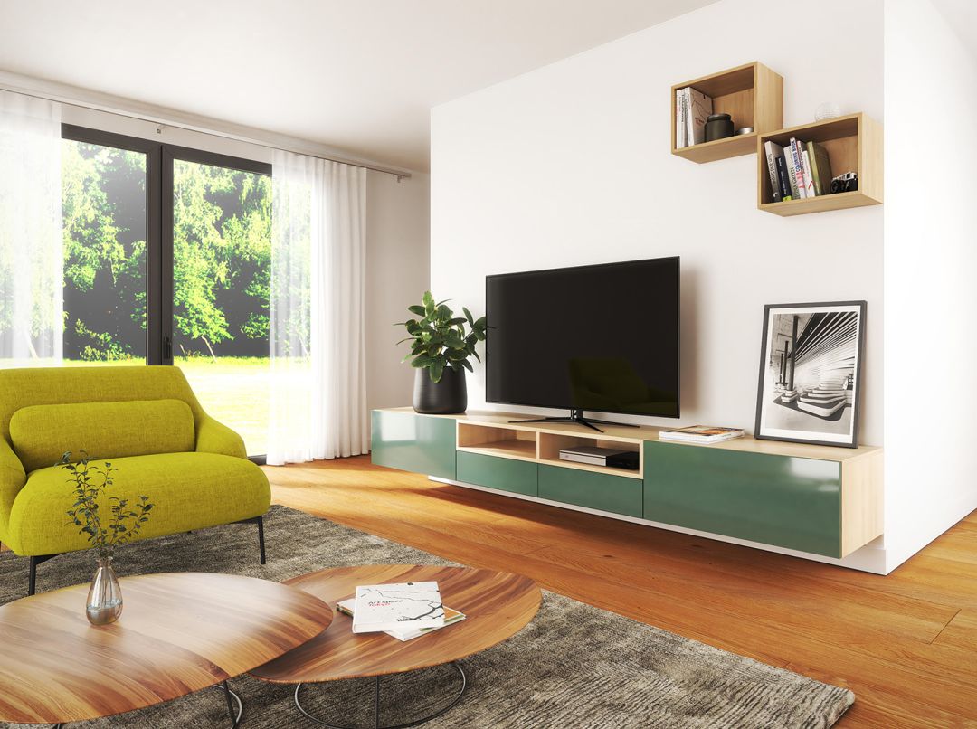 Meuble living sur-mesure, décor acacia et vitre laquée cèdre