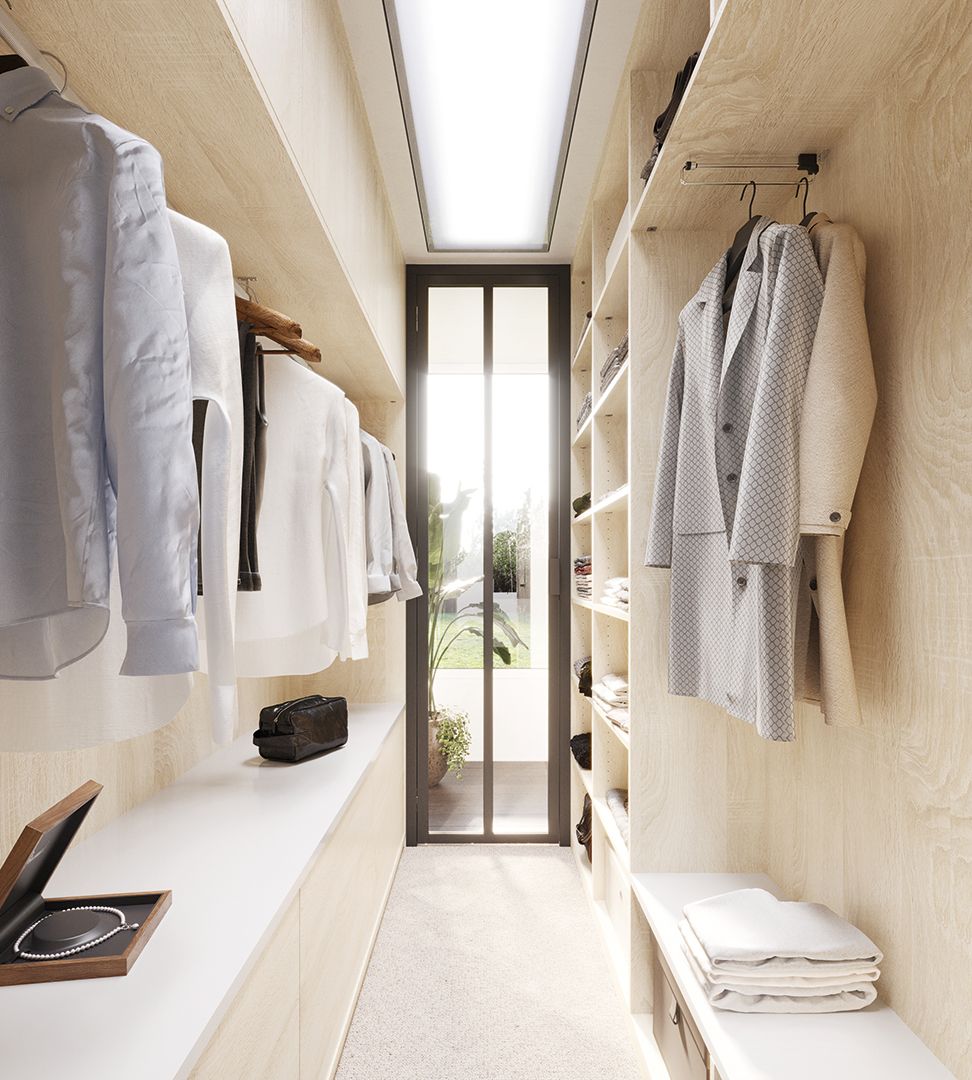 Dressing sur-mesure, chêne sable et blanc premium, bloc-porte Integra, profil noir mat, vitre feuilletée claire