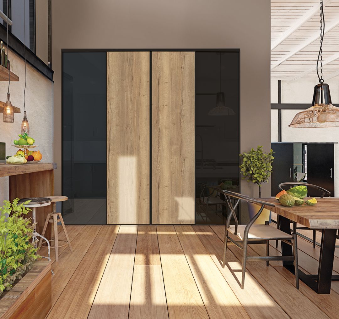 Portes de placard salle à manger Platine noir mat, vitre laquée noire et panneau halifax, 4 vantaux