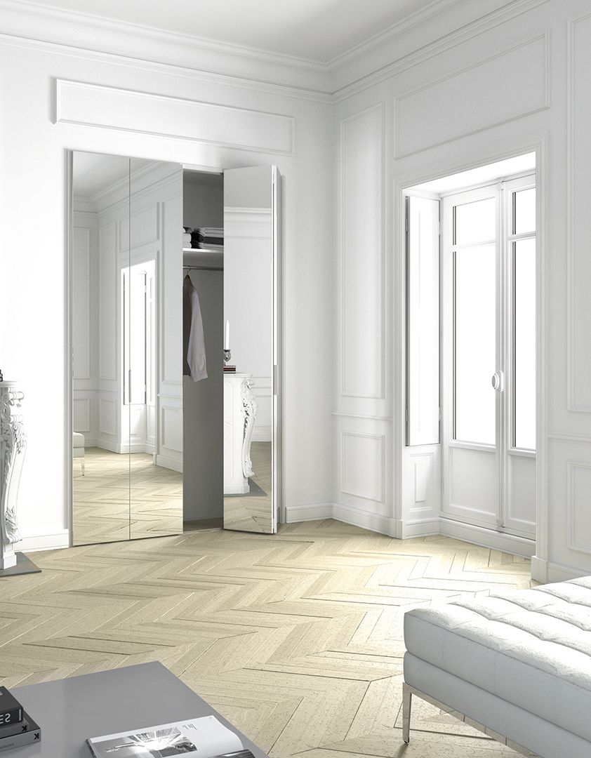 Portes de placard salon Open pliante miroir argent, 2 double-panneaux, bâti blanc, poignées edge