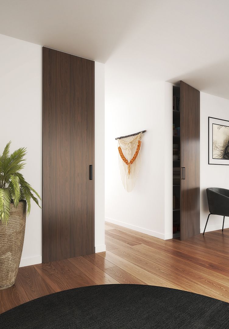 Portes de placard salon Open battante, bâti blanc et décor noyer, poignées cubico