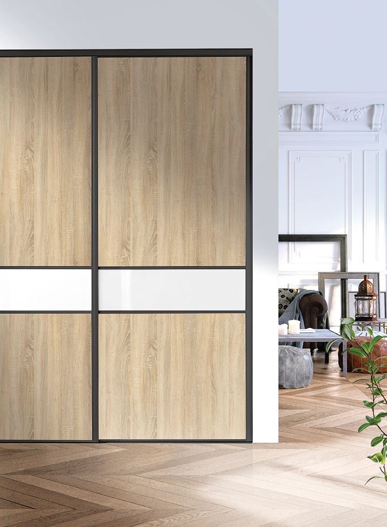 Portes de placard salon Strass anthracite laqué, sillage modèle trio ruban, chêne bardolino naturel et vitre laquée blanc artic
