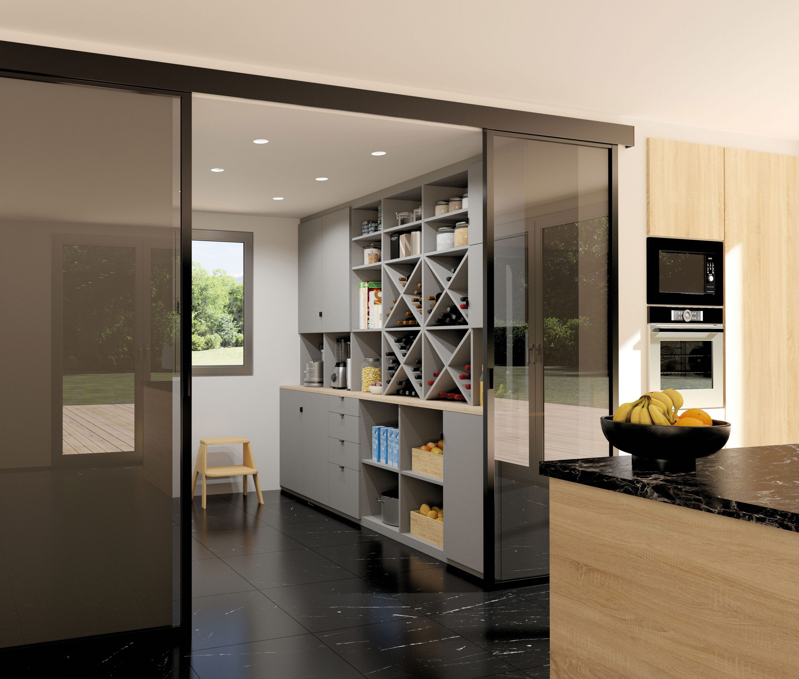 Rangement sur-mesure gris souris et chêne bardolino | Séparation de pièce altitude – Noir mat et vitre laquée noir