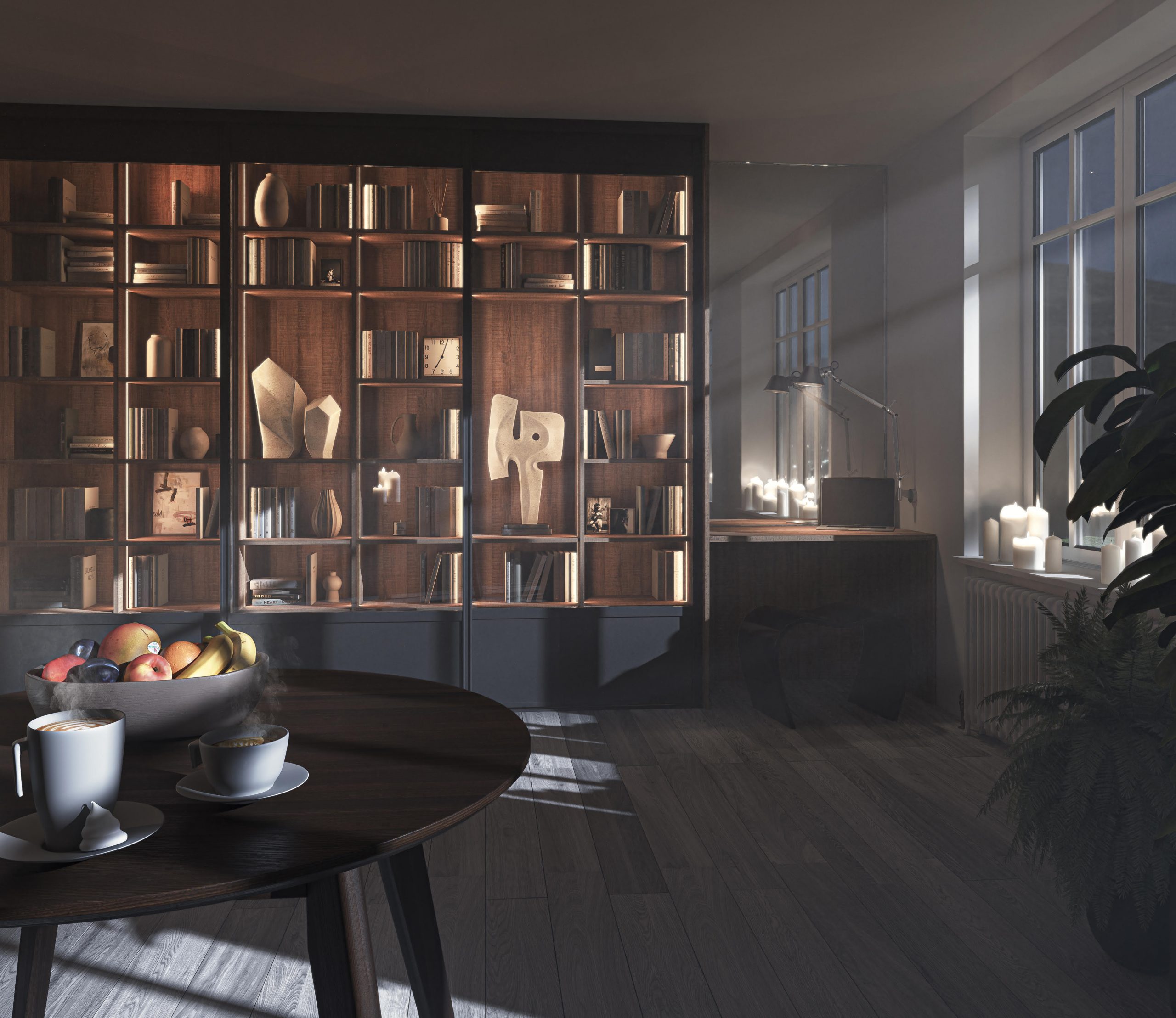 Bibliothèque portes diamant atelier noires – Chêne authentique brun et bande LED encastrée